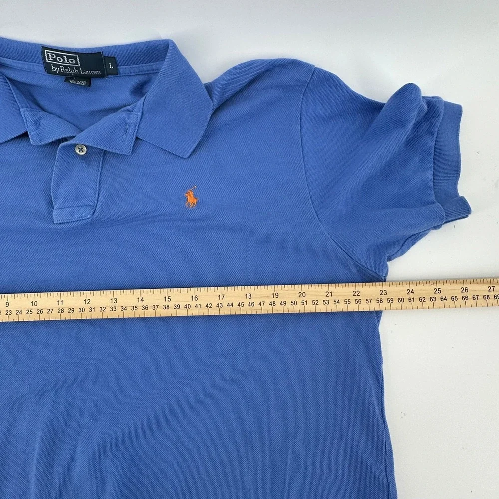 Polo Ralph Lauren Men L‎ Blue Short Sleeve Pique Cotton Polo Shirt Orange Pony